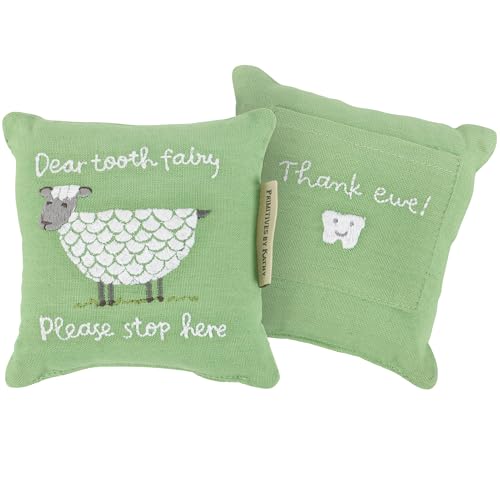 Image of Primitives by Kathy Little Farm Tooth Fairy Pillow, 5x5-Inch Cotton-Linen Blend Mini Pillow with Back Storage Pocket, Embroidered Sheep Design - Dear Tooth Fairy - Please Stop Here