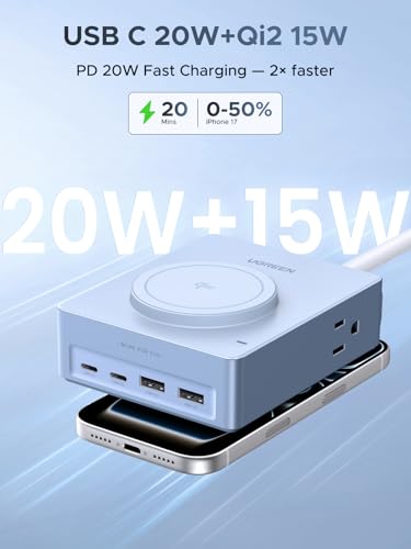 Image of UGREEN Power Strip with 4 Power Outlets, 15w Wireless Charger, 20W PD3.0 USB C Fast Charging, 2 USB-C Ports, 2 USB A Ports, Desk Charging Station for Office, Conference, Home Use
