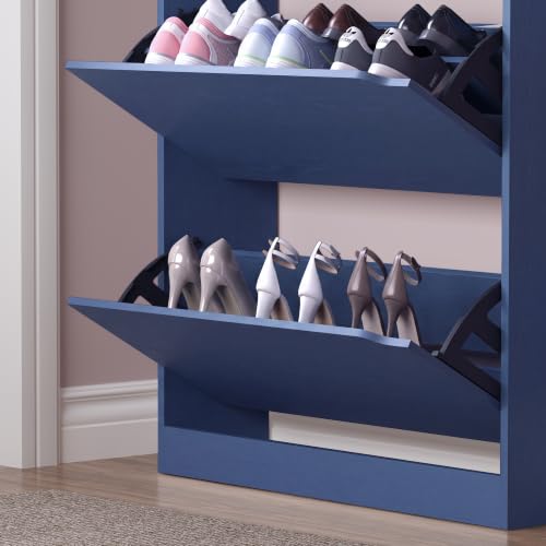 Image of BORNOON Shoe Cabinet with 3 Flip Drawers & Coat Rack, Narrow Hidden Shoe Storage Cabinet, 2-in-1 Hall Tree Slim Freestanding Shoe Rack Organizer for Entryway, Hallway, and Living Room