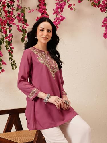Image of QAZMI Women's Naila Kashmiri Aari Embroidered Viscose Rayon Full Sleeves A-Line Short Kurti