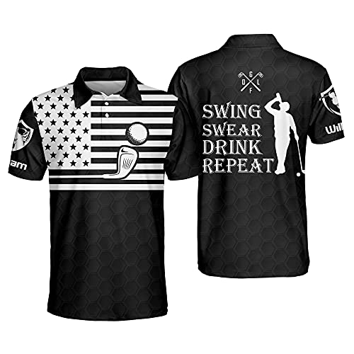 Personalized 3D Funny Golf Polo Shirts for Men Swing Swear Drink Repeat Funny Golf Polo, Men's Golf Shirts Short Sleeve Polo Dry Fit, Lightweight, America Golf Club Polo Shirt for Men Funny