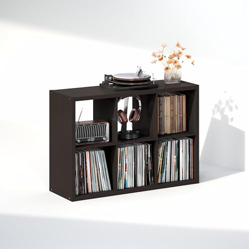 Image of Furinno Cubicle Record Player Stand with Vinyl Storage, 6-Cube 1.2 Extra Thick Vinyl Record Storage, Open Back Media Shelf for CD DVD Blueray Game Disc, for Living Room, Home Office, Black Dark Oak
