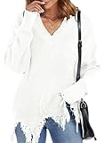 Sweaters for Women Trendy White Spring V Neck Distressed Fringe Long Sleeve Pullover Going Out Sexy Knit Cute Tops S