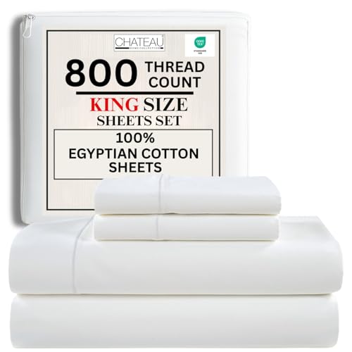 100% Egyptian Cotton Sheets King Size Sheets Set with Fully Elasticated 15' Deep Fitted Sheet & Pillowcase Sets, 800TC Sateen Weave Hotel Collection King Sheet Set, Soft Luxury White Bedding
