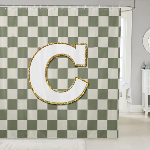 Image of Erosebridal Sage Green Checkered Bathroom Accessories Plaid Initial C Shower Curtain Personalized Monogram Bathroom Curtain for Kids Adults 72 inch Wx72 L Fashion Grids Gingham Shower Decor