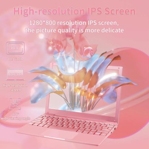 Image of 10.1-inch Portable Mini Pink Laptop Computer, DDR4 8GB RAM, 256GB SSD, Celeron N4000, Built-in Webcam, Notebook with WiFi, HDMI, Bluetooth, Type-C Charging, Easy to Carry (Pink)