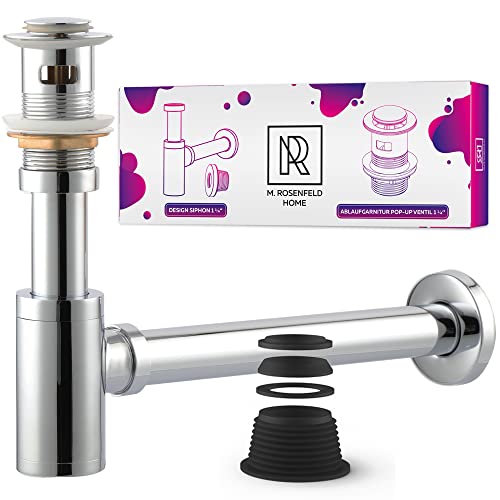 Waschbecken Ablaufgarnitur Pop-Up Knopf mit Überlauf + Design Siphon Waschbecken aus Messing - Geruchsverschluss inkl. Dichtungen