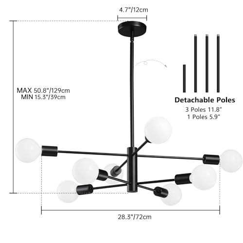 image for RUIYEY Modern Sputnik Chandeliers Light, 8-Light Black Chandeliers for