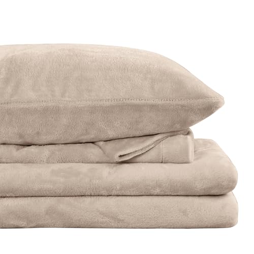 Image of Viviland Plush Micro Fleece Bed Sheet Set - Soft Fuzzy Polar Fleece Velour Velvet Sheets - Extra Warm Winter Fleece Bed Sheets with 15 inch Deep Pocket - Sand /Beige - King | Soft Flannel-like Fleece, 100% Polyester, Fluffy Velvety Feel, 200GSM, 15 inch Deep Pocket, Warm Winter Gift & Decor