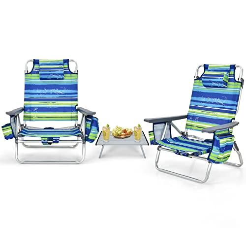 Image of Tangkula Backpack Beach Chair with Table, 5-Position Lay Flat Beach Chairs with Cooler Bag, 2 Cup Holders, Towel Bar, Lightweight Low Folding Beach Chair with Backpack Straps