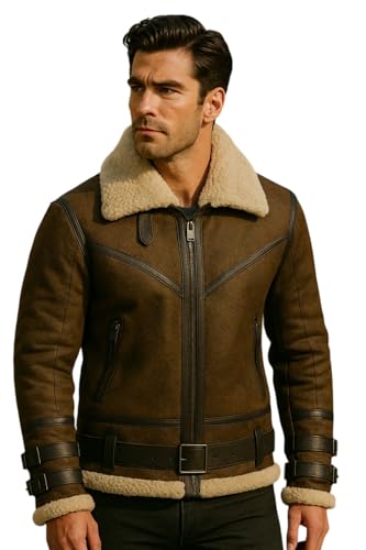 Men B3 Bomber Men Sheepskin Jacket | WWII Flying Pilot Air Force Style Olive Brown Genuine Leather Coat2