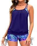 Holipick Women Blue Purple Leaves Tankini Swimsuits Two Piece Tummy Control Bathing Suits Blouson Swim Tank Top with Boy Shorts L