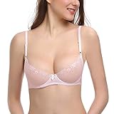 Deyllo Women's Sexy Lace Balconette Bra See Through Demi Unlined Bras Mesh Sheer Underwire (Pink,38C