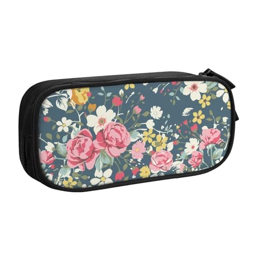 花柄ペンケース 筆箱 文具ケース おしゃれ 筆袋 鉛筆ケース 鉛筆のサック 中高校生 軽量 収納バッグ 学生 子供 誕生日 入学ギフト 大容量 ダブルレイヤーBlack