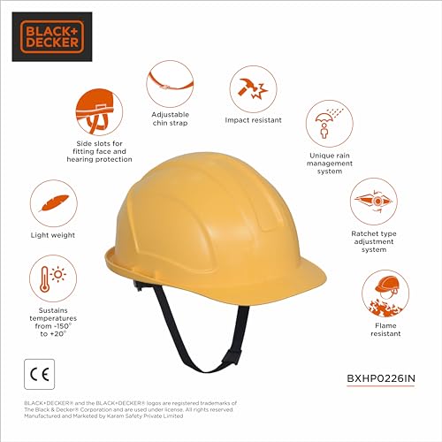 Image of BLACK + DECKER Thermostatic Safety Helmet for Construction & Outdoor Activities | Adjustable Chin Strap & Rachet Type Adjustment | Lightweight, Comfortable & Durable Hard Hat | Yellow | BXHP0226IN-Y