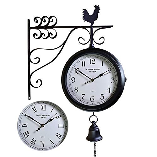 Horloges de quartz silencieux double face avec support mural en fer forgé noir