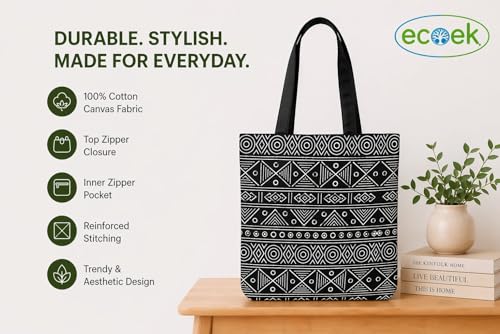Image of Canvas Tote Bag for Women with Zipper & Pocket(Pack of 1) | Stylish Cotton Handbags for College | Aesthetic Tote Bag for Office, Shopping, Travel, Beach & Daily use
