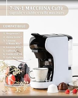 Macchina Caffè CIALDE e CAPSULE 7 in 1 Camry – Compatibile capsule Nespresso, Lavazza A Modo Mio, Dolce Gusto, Caffè Cialde ESE 44, Lavazza Blue, Caffitaly, Caffè Macinato – Kit con 10 Capsule Omaggio