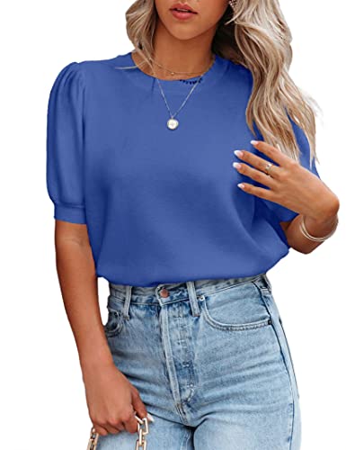Image of Womens Puff Short Sleeve Sweater Tops Crewneck Basic Knit Pullover Lightweight Casual Sweaters