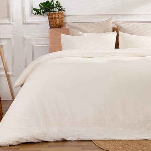 RENEWROOTS Ivory White Duvet Cover Queen Size, 100% Sandwashed Cotton