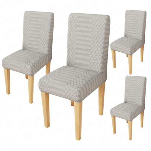 Image of Lukzer Elastic Dining Chair Cover - 4PC Pastel Light Grey Dotted Stripe | Textured High Stretch Jacquard Seat Cover | Removable Washable Short Dining Chair Cover Protector Seat Slipcover | (CC-067-04)