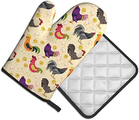 DEYIMERI Chickens Rooster Oven Mitts and Pot Holders Sets,Heat Resistant Oven Gloves with Hanging Loop for Safe Kitchen,Cooking,Baking,Grilling