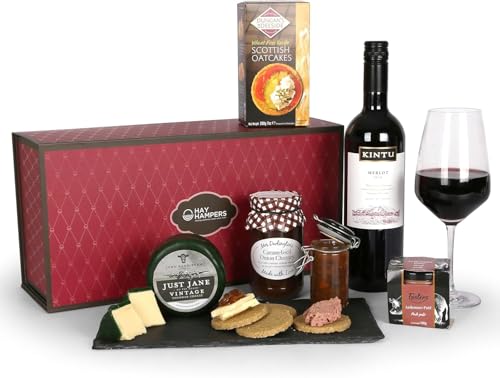 Cheese and Wine Hamper - Red Wine and Cheese Hamper - Merlot, Cheddar Cheese, Chutney, Oatcakes & Pate - Gift for Men, Birthday Gift Hampers for Women, Red Wine Gift Set - by Hay Hampers
