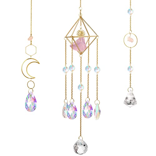 3 Pieces Crystal Suncatchers Hanging Prisms Rainbow Moon Sun Catchers With Crystals For Windows Colorful Garden Wind Chimes With Chain Pendant Ornaments For Wedding Party Indoor Decorations (Purple) #TOP8