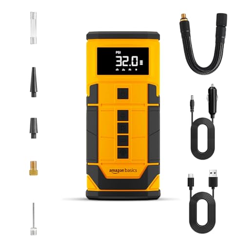 Image of amazon basics 2-in-1 Digital Tyre Inflator|150 PSI Dual-Mode Portable Air Compressor|3x2000 mAh Battery|Copper Winding Motor, LED Light, Auto Shut-off | Multiple Nozzle for Cars, Bikes | Orange, Black