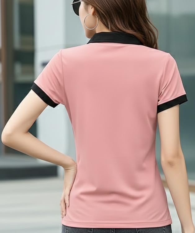 Image of GLASGO Pure Cotton Regular Fit Plain Solid Classic Polo Collar Half Sleeve T-Shirt for Women (Colors: Black, Brown, Peach, Pink)
