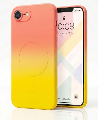 Image of amazon basics Gradient Mag-Safe Case for iPhone 16E | Soft Silicone Shockproof Cover with Camera Protection | Slim Lightweight Design | Smooth Touch & Durable - Orange & Yellow