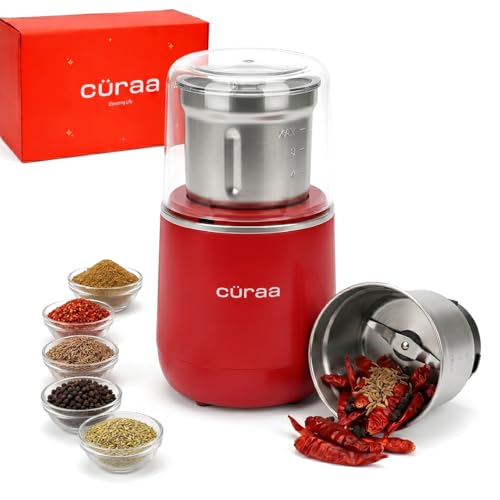 Image of Curaa AroMix Electric Spice Grinder by Chef Sanjyot Keer | 300W Copper Motor | Dry Spice, Coffee Bean & Herb Grinder | 2-Leaf Stainless Steel Blade | Detachable SS Jar | 300ml | 1 Year Warranty