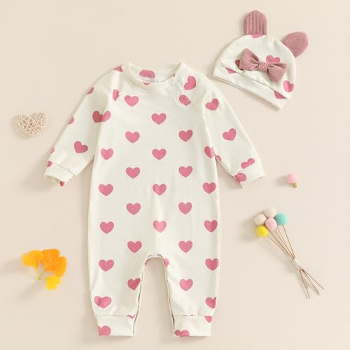 MBMSHEGH Newborn Baby Girls Jumpsuit with 3D Bow Ear Hat Set Heart Print Long Sleeve Romper 2Pcs Fall Outfit Clothes Set2