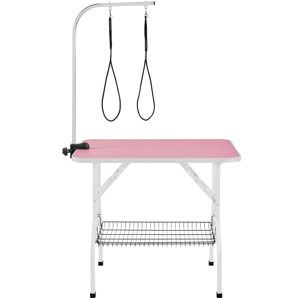 costoffs Foldable Pet Dog Grooming Table with Basket Adjustable Arm Double Tether Salon Table for Small Medium Dogs/Cats 160cm High Pink