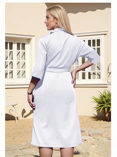 Women's Plus Size Pleated Midi Dress Comfortable Suit Collar 3/4 Sleeve Belted Casual Formal Work Church4