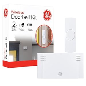 GE Wireless Doorbell Kit,Battery-Operated Receiver,1 Push Button door bell,2 Melodies,4 Volume Levels doorbell chime,classroom doorbell,150 Ft Range,Mountable,White,19247