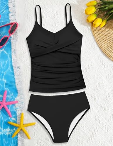Image of Girls Swimsuit 2 Piece Bathing Suit Criss Cross Ruched Girl Tankini Sets Printed Girls' Swimwear for 9-18 Years