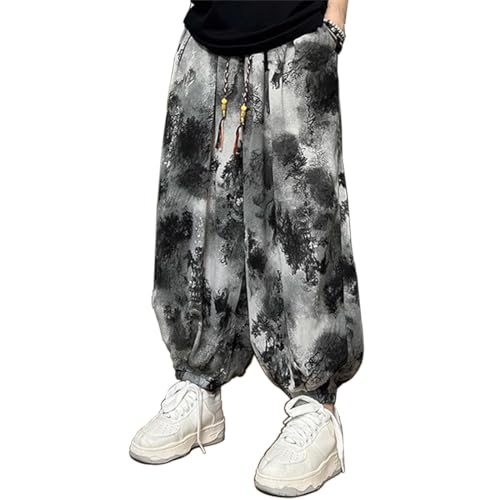 HZCX Fashon Mens Chinese Style Tie Dry Wide Leg Baggy Harem Yoga Jogger Pants Loose Fit Aladdin Trousers(Grey Black,Small)
