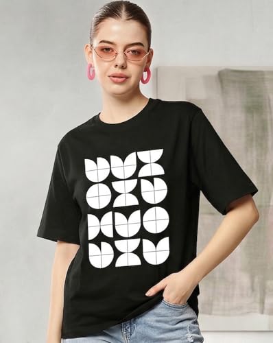 Image of Women's Typography Round Neck Cotton-Blend T-Shirts, Oversized Drop Shoulder Boho Style T-Shirt