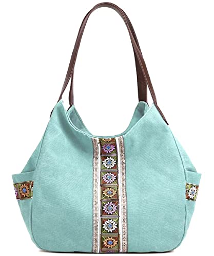 Image of Worldlyda Women Canvas Hobo Purse Multi Pocket Tote Shopper Shoulder Bag Casual Top Handle handbag with Embroidery Ethnic