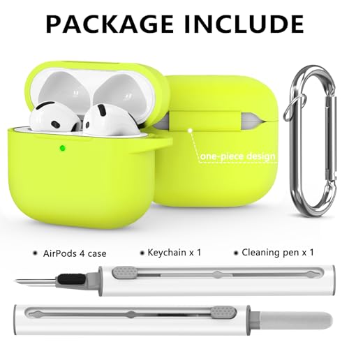 Image of Ljusmicker for AirPods 4 Case 2024 with Cleaner Kit,Fluorescent Green | Soft Silicone Protective Cover for Apple AirPods 4th Generation Case with Keychain for Women Men,Shockproof