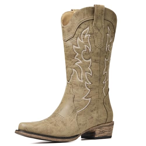 Image of Cowboy Boots for Women, Chunky Heel Western Boot | Mid-calf cowgirl boots with all-day comfort, ideal for daily outfits, country music festivals and western themed occasions