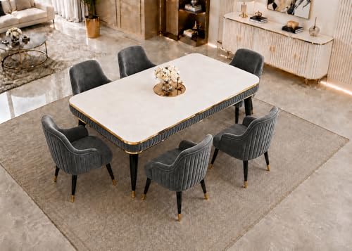 Image of WOODEN SPACE 6-Seater Wooden Dining Table Set | Nano Composite Marble Top | Solid Wood Base | Modern Dining Room Furniture with 6 Chairs (Dark Grey Modern Zyro)