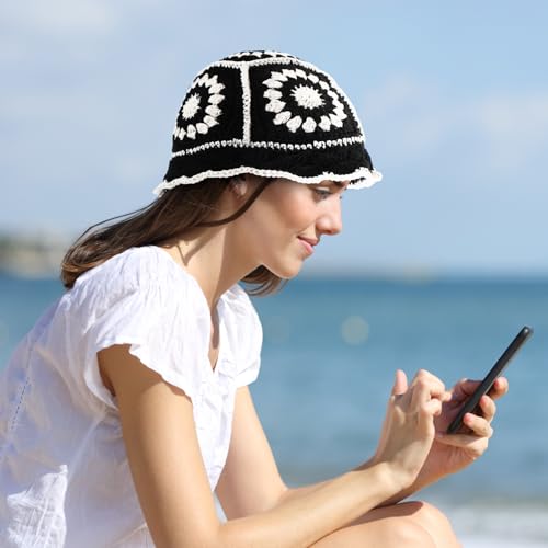 Silicherry 4 Pcs Crochet Bucket Hat Women Knitted Beanies Cap Boho Cute Knit Hat Handmade Fishing Hat Floral Basin Cap Beach Hat for Vacation Traveling - Thumbnail 6