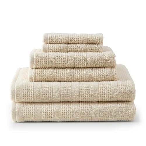 Martha Stewart - Bath Towels Soft & Absorbent 100% Cotton Towels Solid 500 GSM 6-Piece Bathroom Towel Set with Textured Weave (Bedford Cottage Beige)