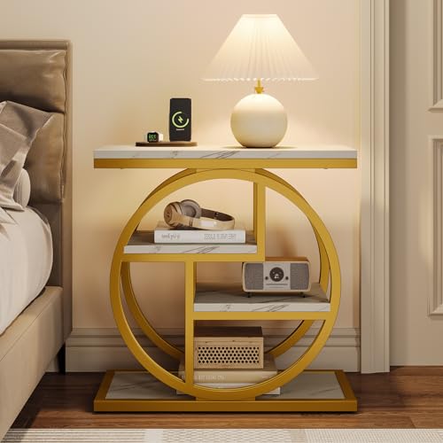 Image of Tribesigns End Table for Living Room, Modern Faux Marble Narrow Side Table with Storage Shelves, 4-Tier Bedside Table for Bedroom, Small Sofa Side Table with Geometric Metal Frame (1 PC, White & Gold)