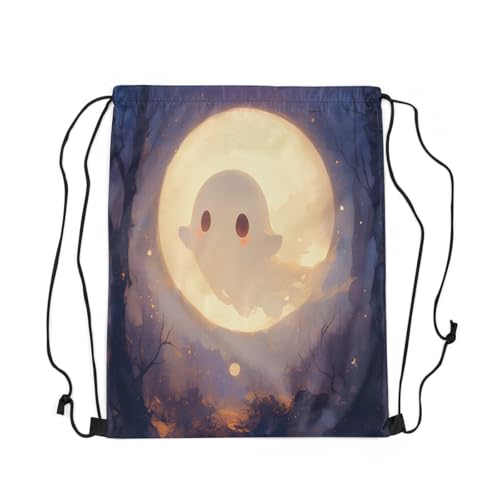 Castle Fairy Lovely Ghost Drawstring Backpack 13"x16" Happy Halloween Watercolor Moon Water Resistant Gym Sack for Men Women Oil Style Jungle Trees Decor Sports Sackpack for Trip Travel2