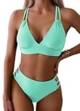 Tainehs Women's Push Up V Neck Bikini Sets Criss Cross Back Two Piece Bathing Suit Mint Green, Medium