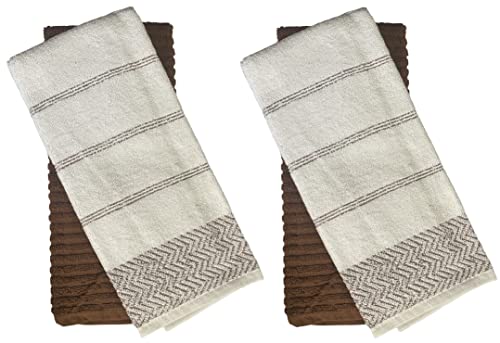Zigzag Design with Stripes 100% Ring-Spun Terry Cotton Kitchen Dish Towels, Set of 4 - Size: 16 x 27 inch, 410 GSM, 2 White/Tan 2 Solid Tan with Hanging Loop Super Soft, Highly Absorbent.