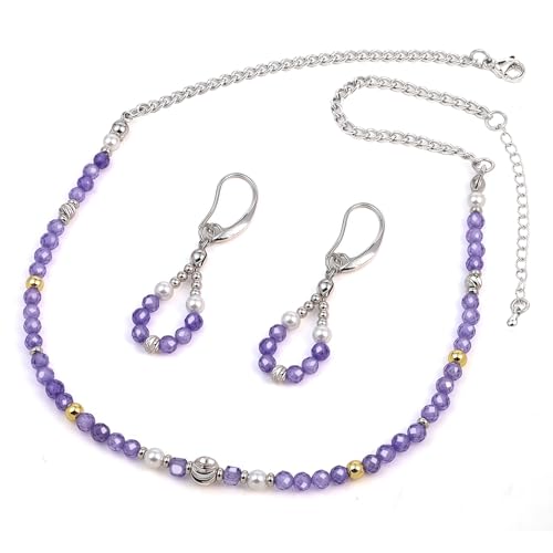 LUNSOLA Silver Plated Purple Jewelry Set - Necklace & Hoop Dangle Earrings for Women, Natural Boho Fashion Accessories, Beaded with Elegant Cubic Zirconia & Shell Pearl, Silver-Purple LUNSOLA Silver Plated Purple Jewelry Set - Necklace & Hoop Dangle Earrings for Women, Natural Boho Fashion Accessories, Beaded with Elegant Cubic Zirconia & Shell Pearl, Silver-Purple